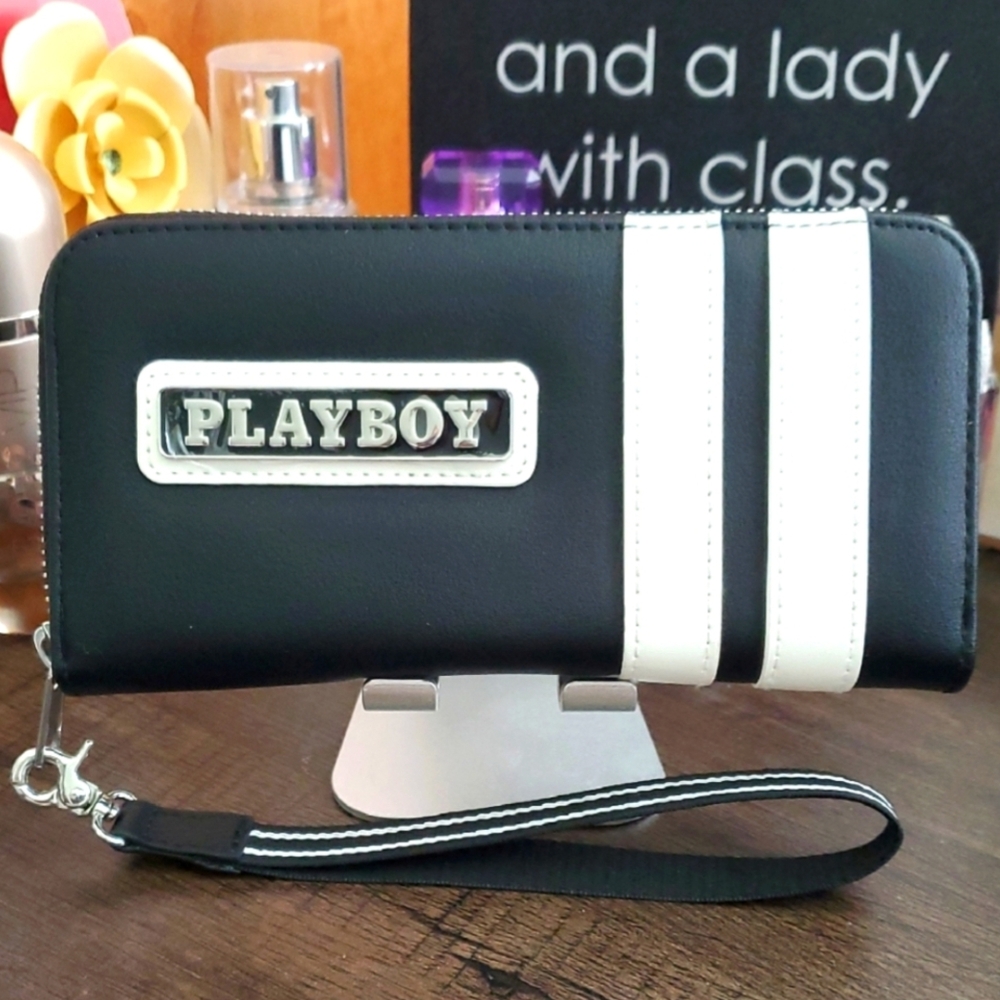 Playboy Black and White Striped Wallet Wristlet